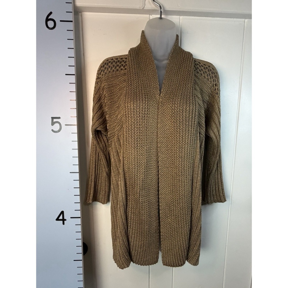 Chicos Womans Size 1 Medium Open Front Open Weave Chunky Knit Tan‎ Cardigan
